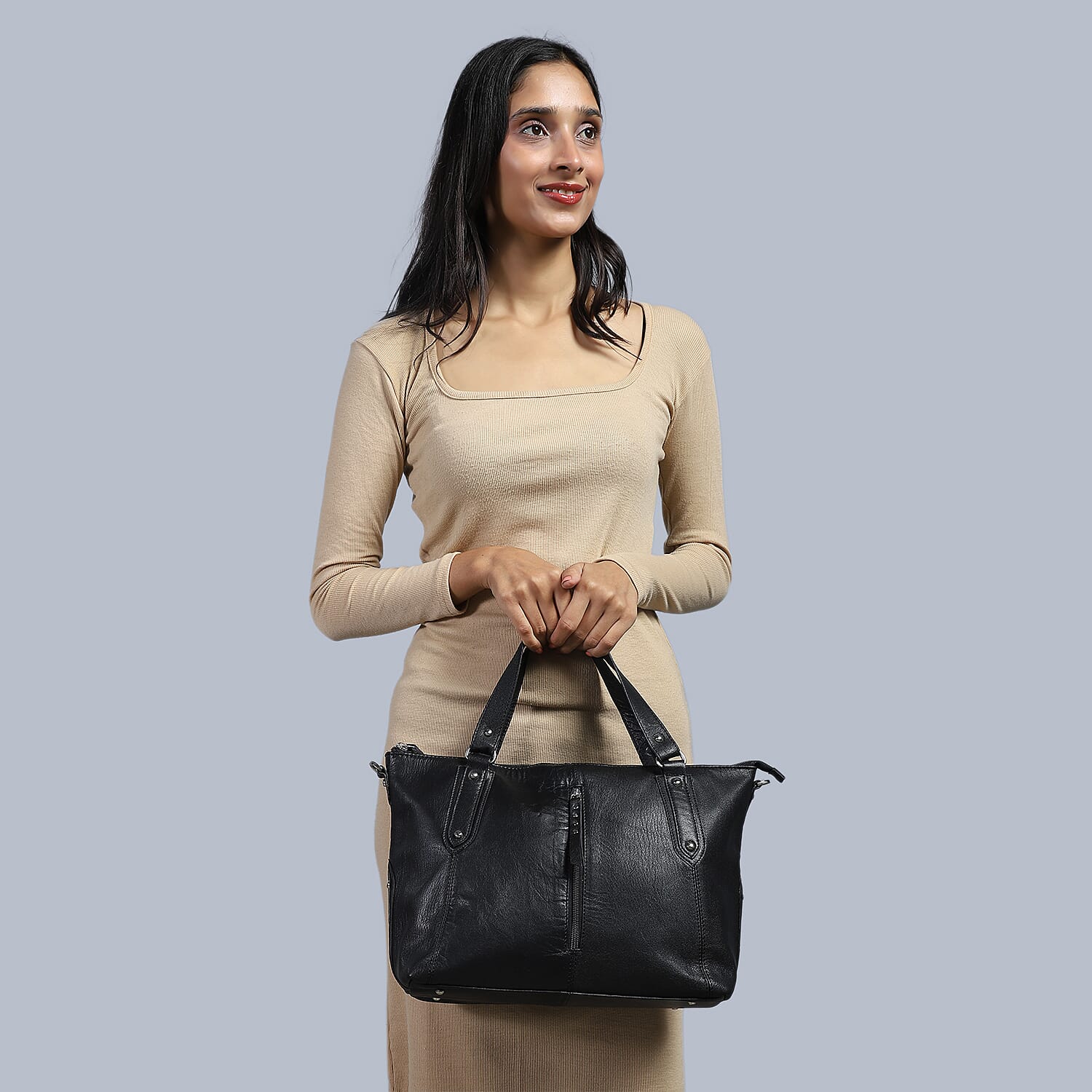 La Marey Black Genuine Leather Front Zipper Tote Bag
