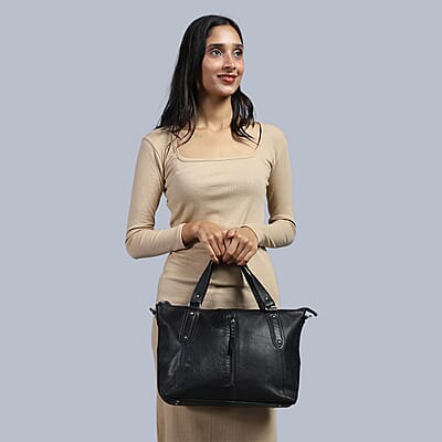 La Marey Black Genuine Leather Front Zipper Tote Bag