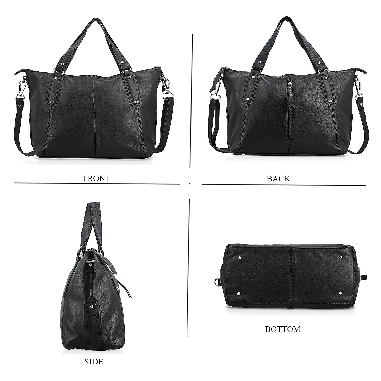 La Marey Black Genuine Leather Front Zipper Tote Bag