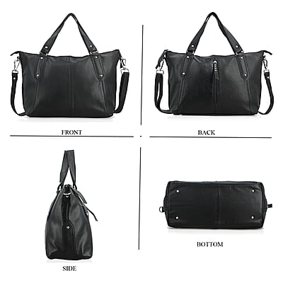 La Marey Black Genuine Leather Front Zipper Tote Bag