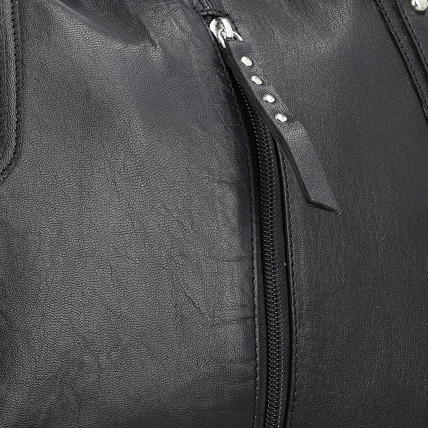 La Marey Black Genuine Leather Front Zipper Tote Bag