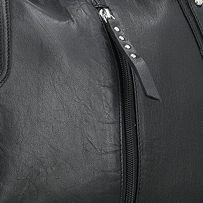 La Marey Black Genuine Leather Front Zipper Tote Bag