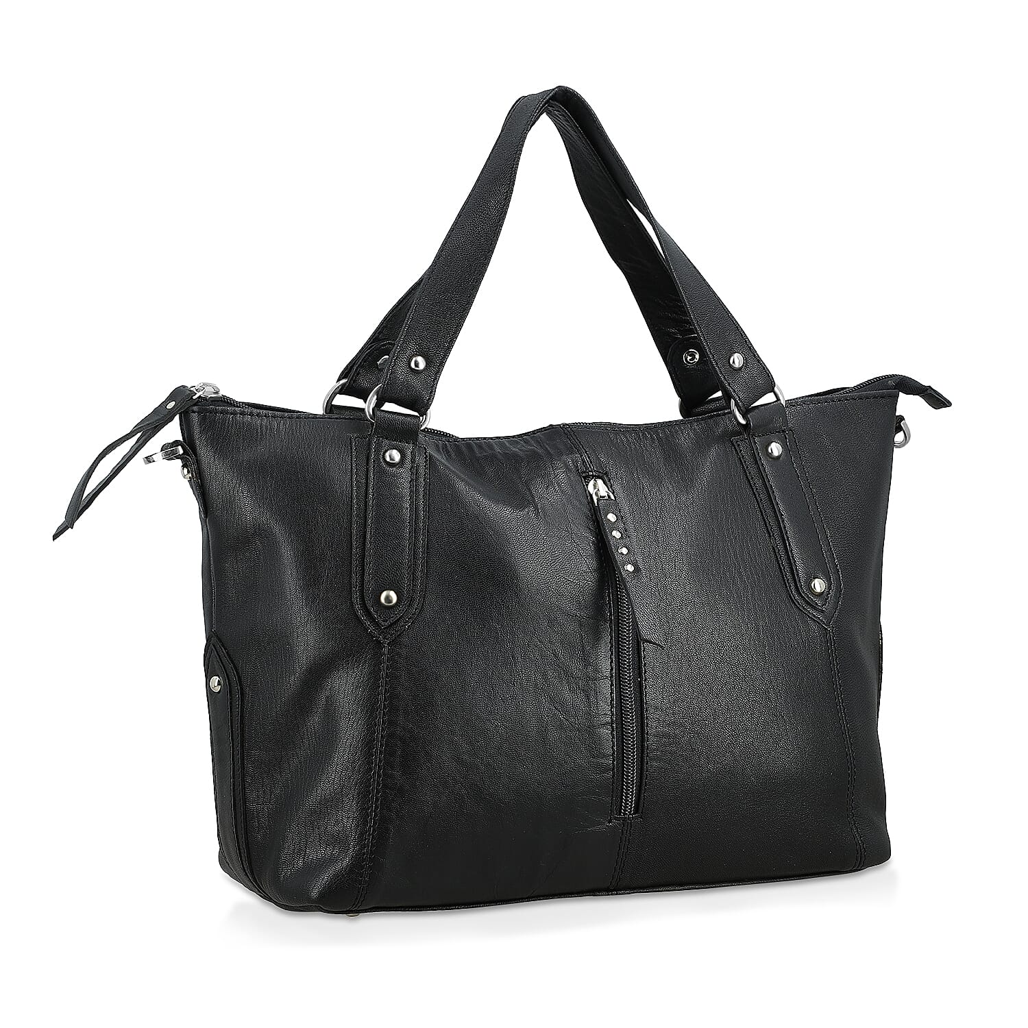 La Marey Black Genuine Leather Front Zipper Tote Bag