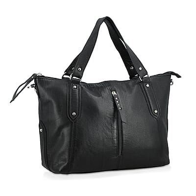 La Marey Black Genuine Leather Front Zipper Tote Bag