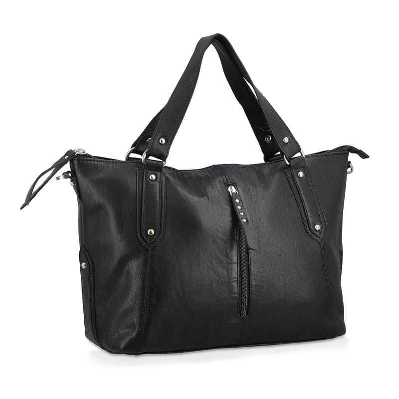 La Marey Black Genuine Leather Front Zipper Tote Bag