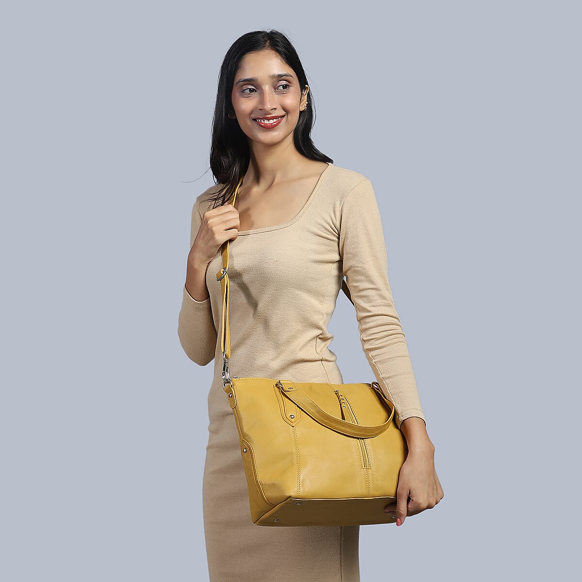 La Marey Tan Genuine Leather Front Zipper Tote Bag image number 1