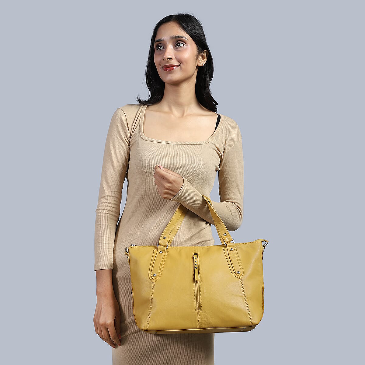 La Marey Tan Genuine Leather Front Zipper Tote Bag image number 2