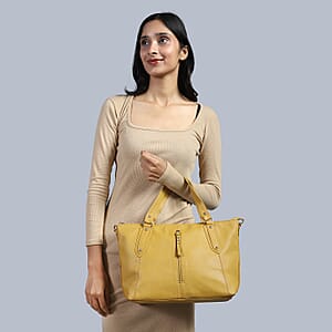 La Marey Tan Genuine Leather Front Zipper Tote Bag
