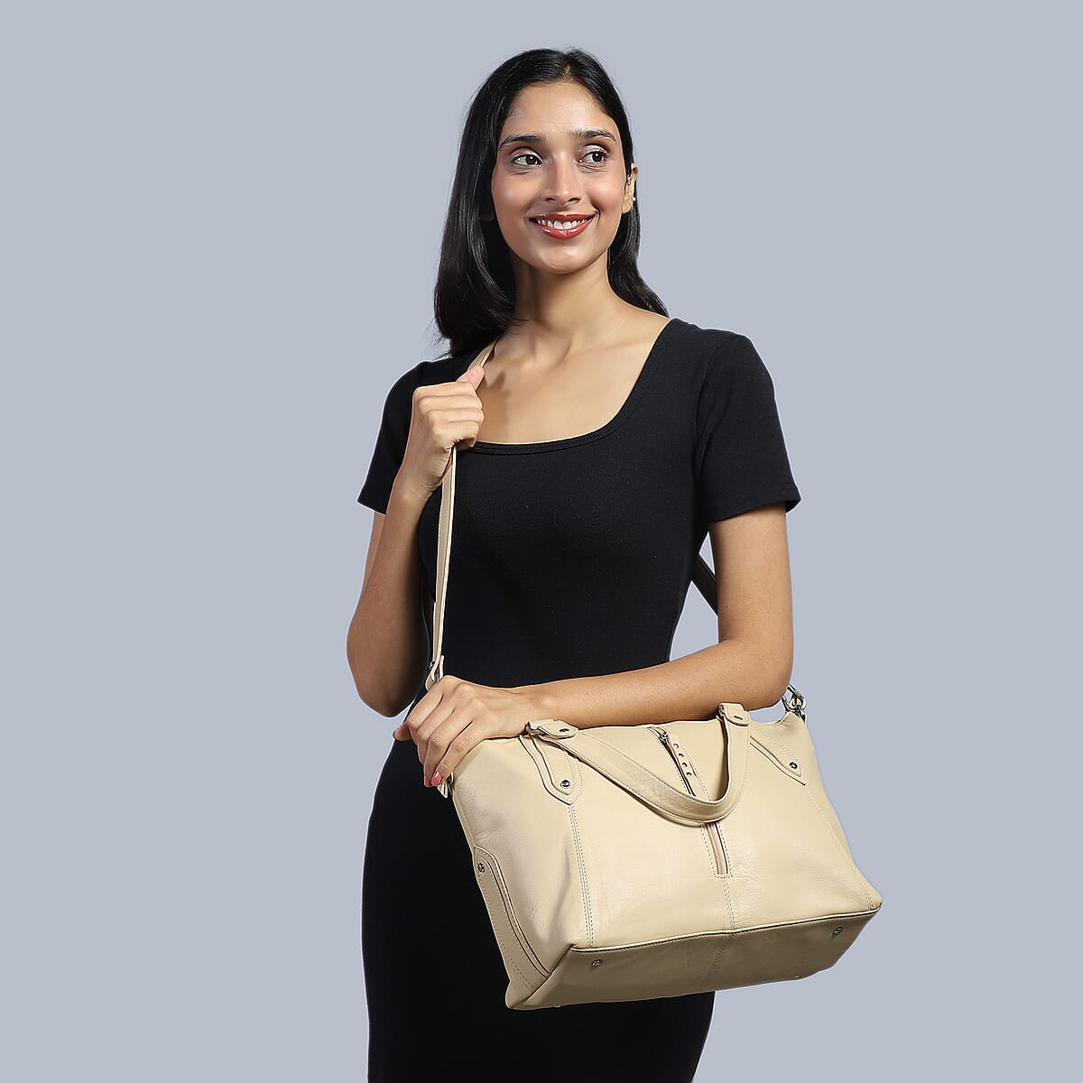 La Marey Beige Genuine Leather Front Zipper Tote Bag image number 1