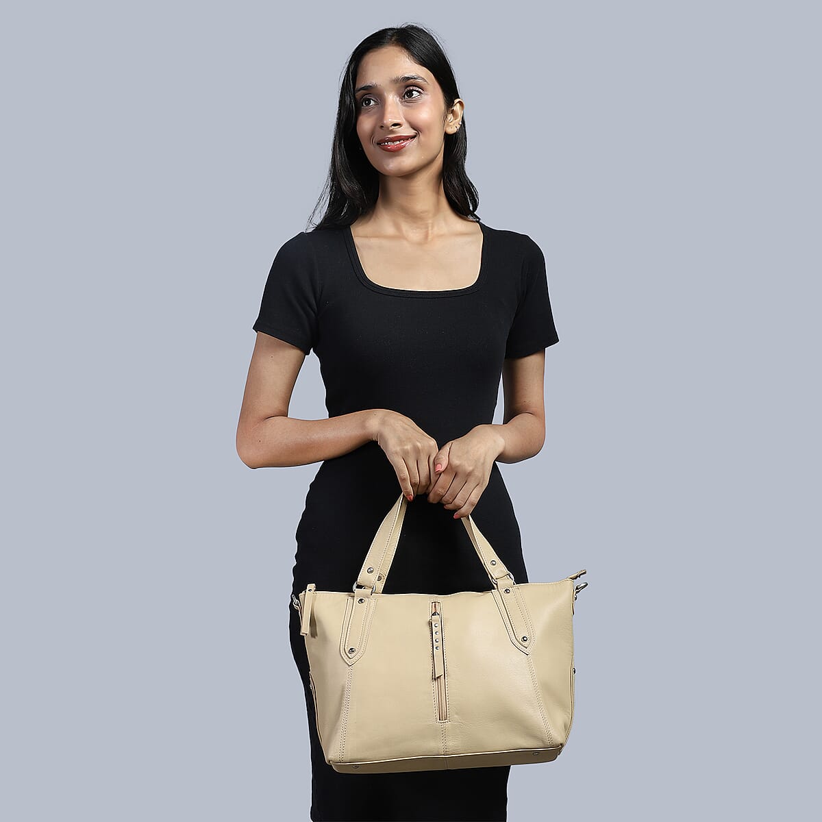 La Marey Beige Genuine Leather Front Zipper Tote Bag image number 2