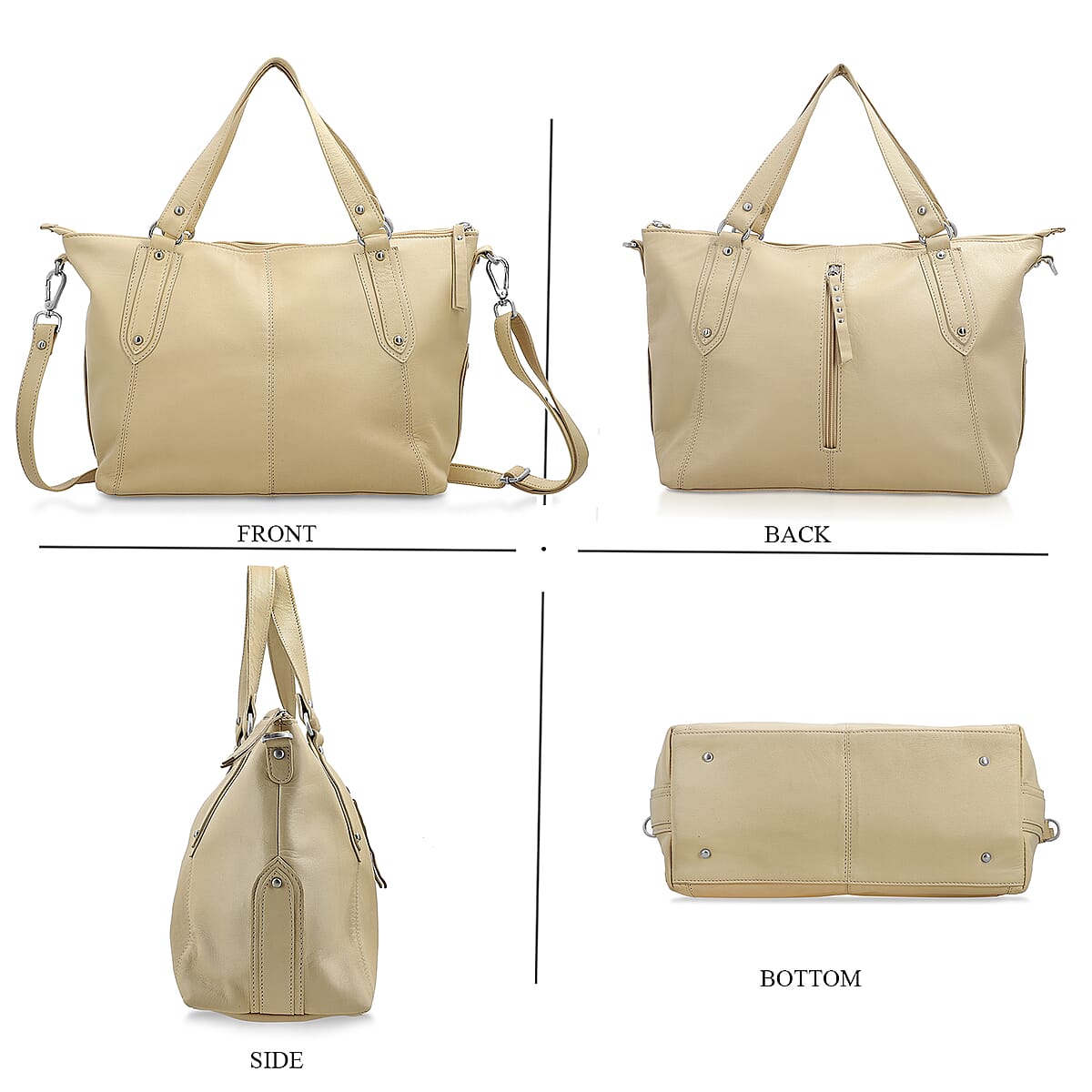 La Marey Beige Genuine Leather Front Zipper Tote Bag image number 3