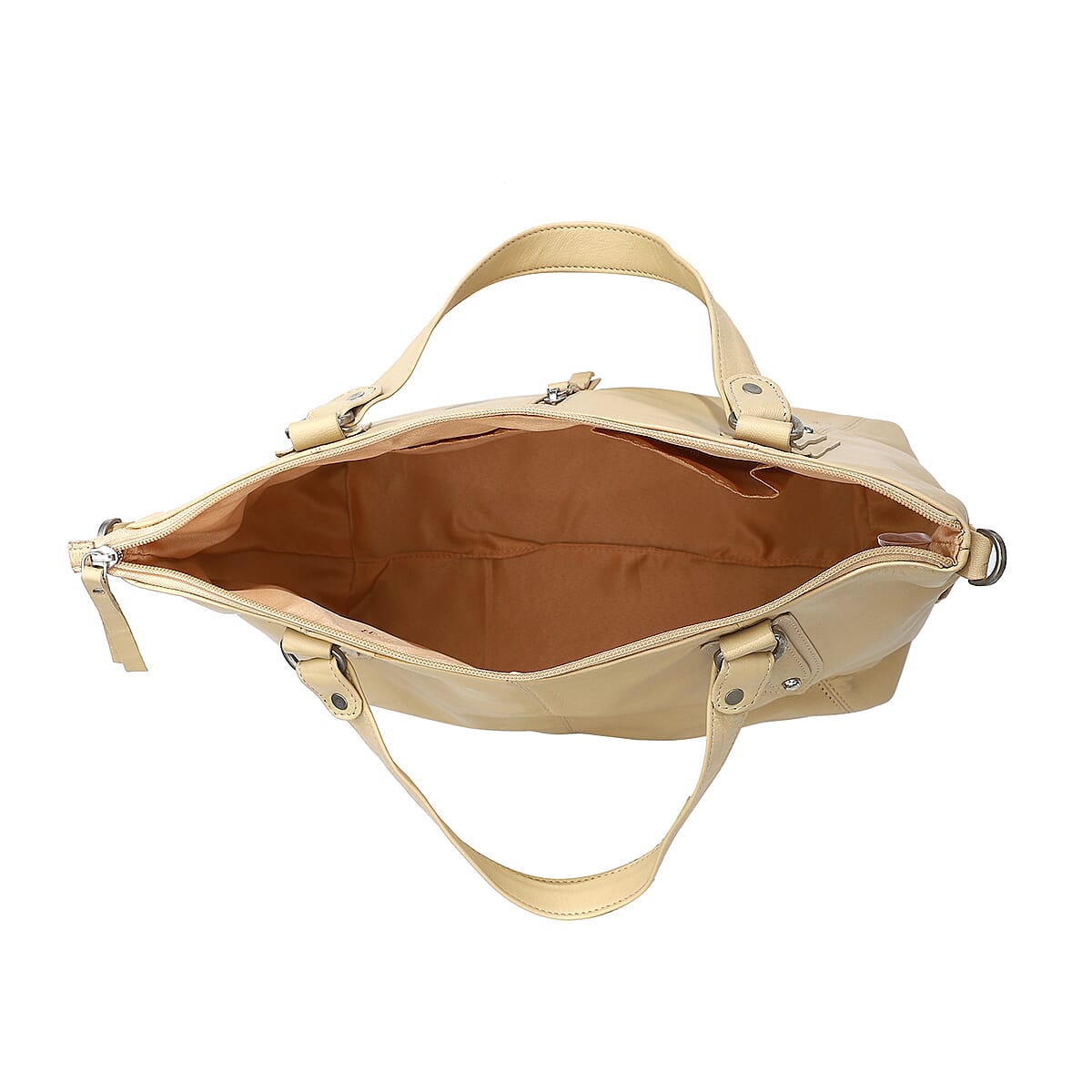 La Marey Beige Genuine Leather Front Zipper Tote Bag image number 4