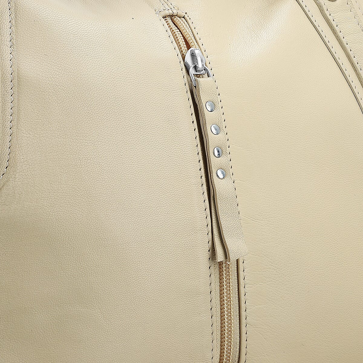 La Marey Beige Genuine Leather Front Zipper Tote Bag image number 5