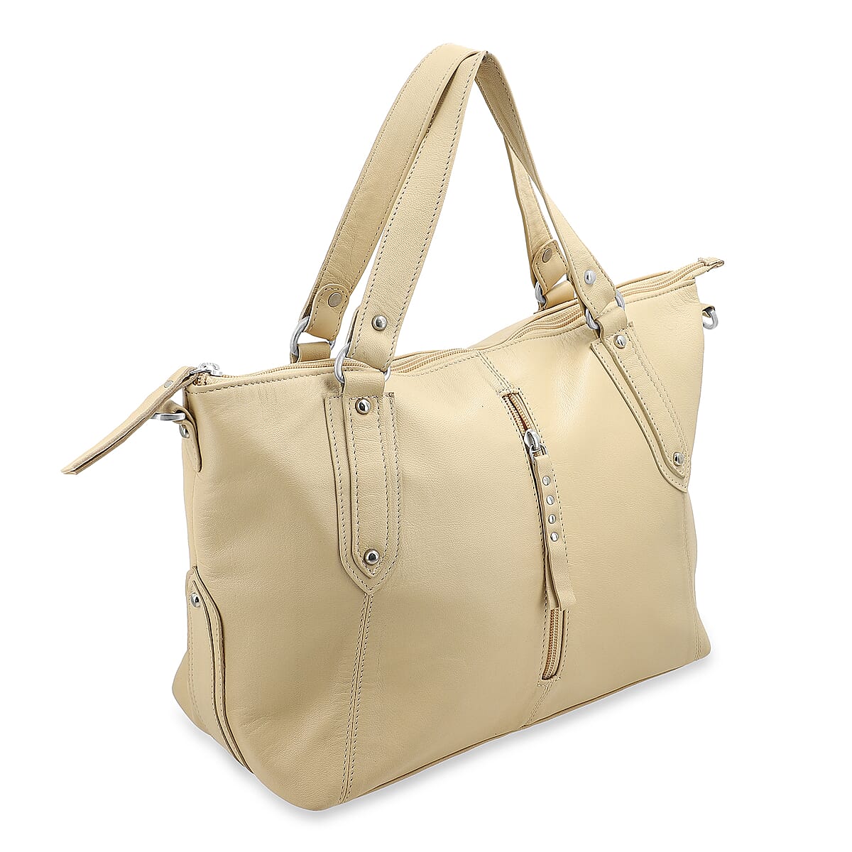 La Marey Beige Genuine Leather Front Zipper Tote Bag image number 6