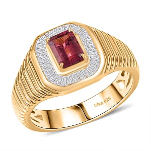 D'Joy Premium Ouro Fino Rubellite and Diamond 1.45 ctw Art Deco Men's Ring in 18K Vermeil Yellow Gold Over Sterling Silver (Size 12.0)