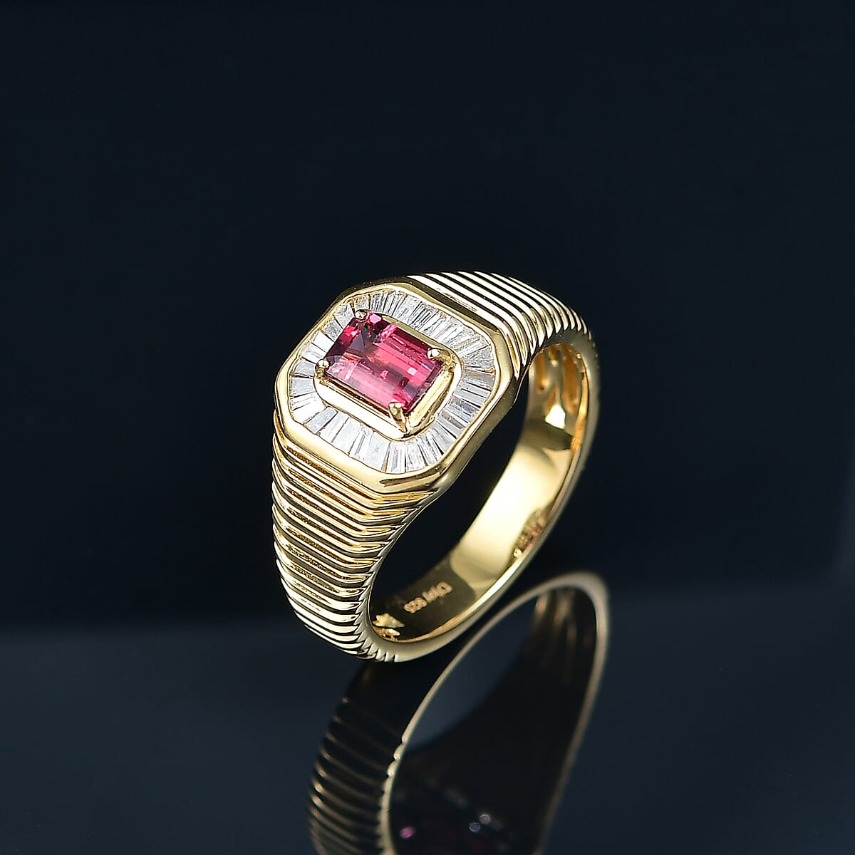 D'Joy Premium Ouro Fino Rubellite and Diamond 1.45 ctw Art Deco Men's Ring in 18K Vermeil Yellow Gold Over Sterling Silver (Size 12.0) image number 1
