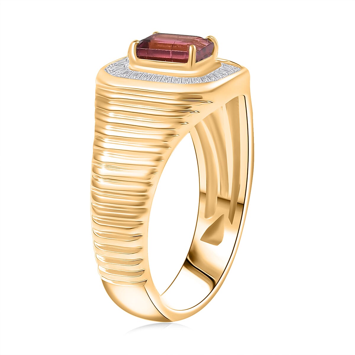 D'Joy Premium Ouro Fino Rubellite and Diamond 1.45 ctw Art Deco Men's Ring in 18K Vermeil Yellow Gold Over Sterling Silver (Size 12.0) image number 3