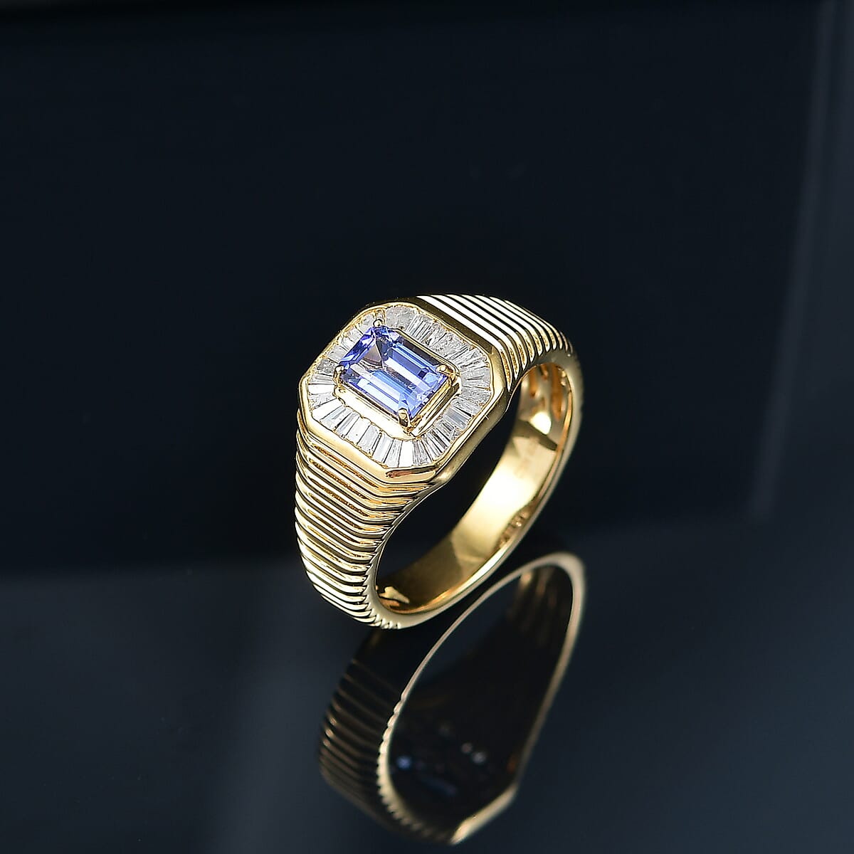 D'Joy Premium Tanzanite and Diamond 1.50 ctw Art Deco Men's Ring in 18K Vermeil Yellow Gold Over Sterling Silver (Size 12.0) image number 1
