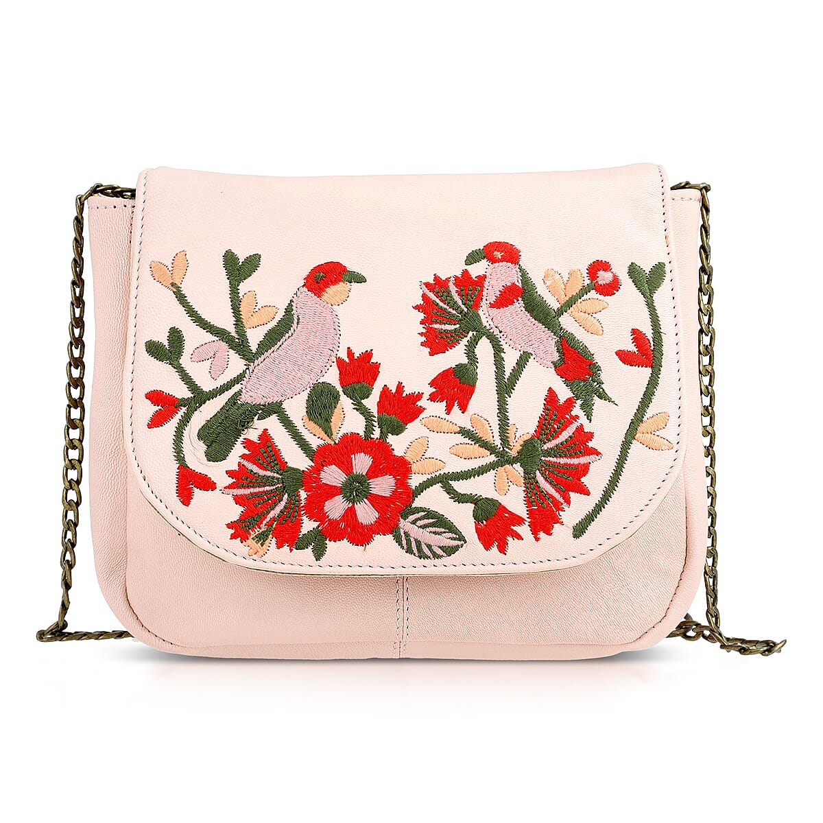 La Marey Light Pink Genuine Leather Sling Bag with Floral Embroidered Flap image number 0