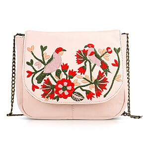 La Marey Light Pink Genuine Leather Sling Bag with Floral Embroidered Flap
