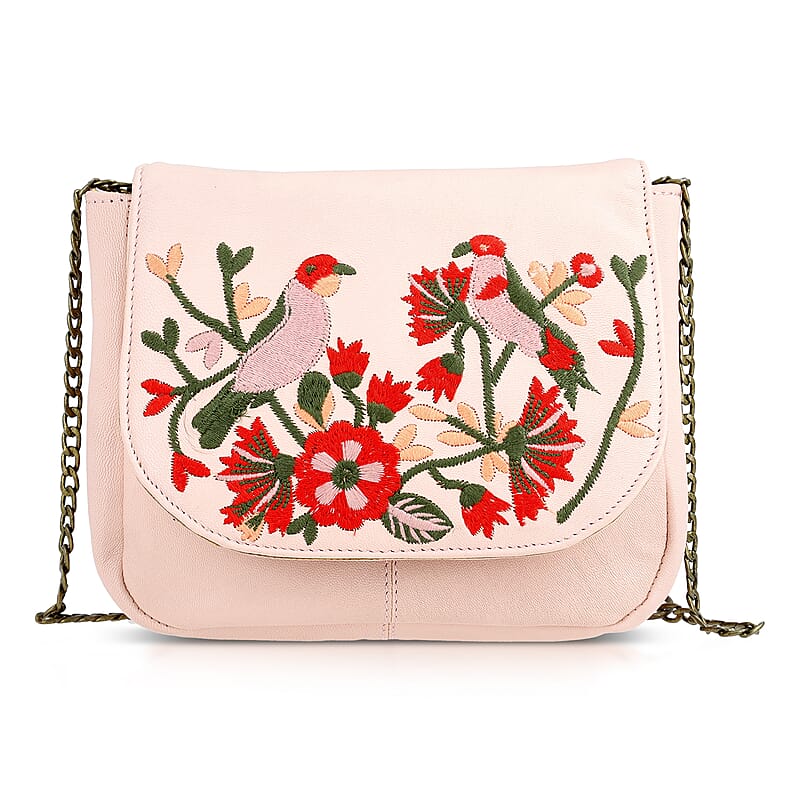 La Marey Light Pink Genuine Leather Sling Bag with Floral Embroidered Flap