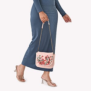 La Marey Light Pink Genuine Leather Sling Bag with Floral Embroidered Flap