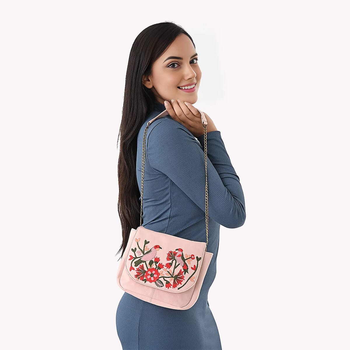 La Marey Light Pink Genuine Leather Sling Bag with Floral Embroidered Flap image number 3