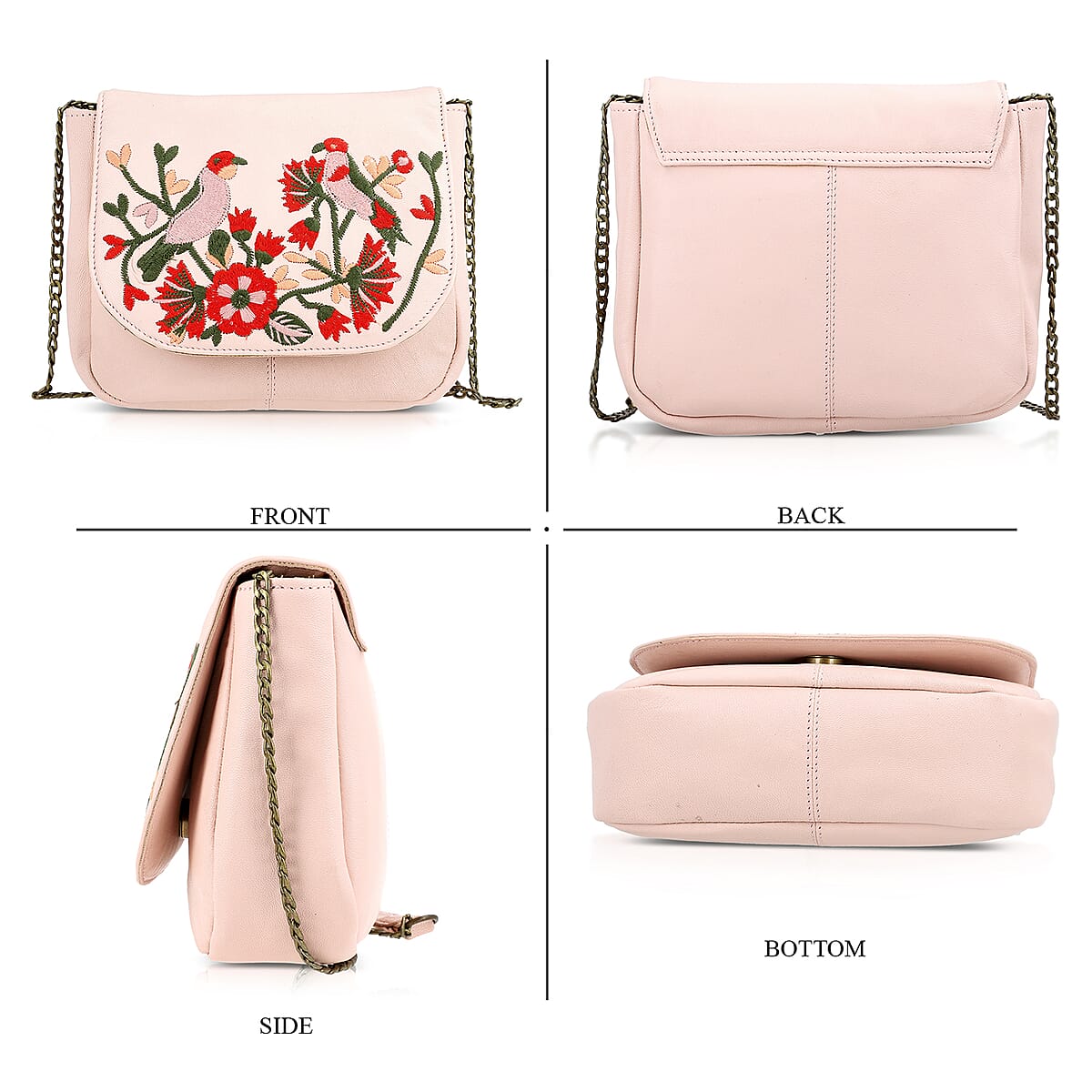 La Marey Light Pink Genuine Leather Sling Bag with Floral Embroidered Flap image number 4