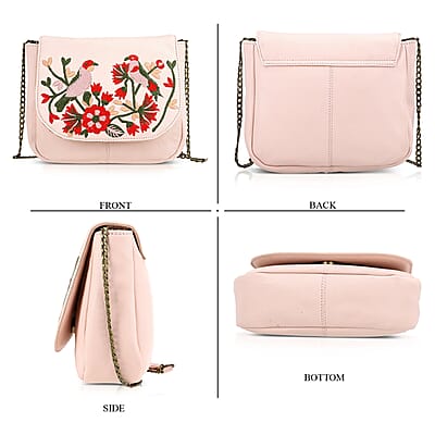 La Marey Light Pink Genuine Leather Sling Bag with Floral Embroidered Flap