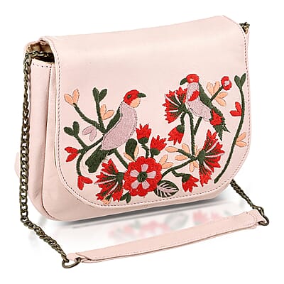 La Marey Light Pink Genuine Leather Sling Bag with Floral Embroidered Flap