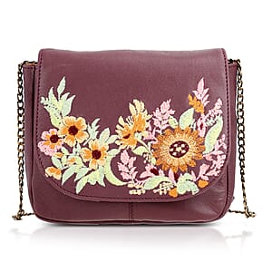 La Marey Burgundy Genuine Leather Sling Bag with Floral Embroidered Flap