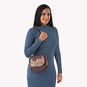 La Marey Burgundy Genuine Leather Sling Bag with Floral Embroidered Flap