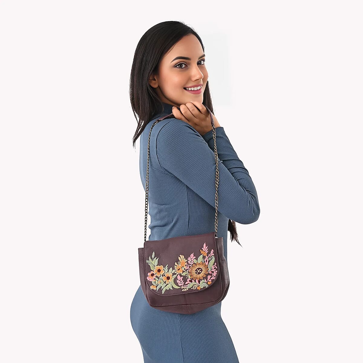 La Marey Burgundy Genuine Leather Sling Bag with Floral Embroidered Flap image number 3