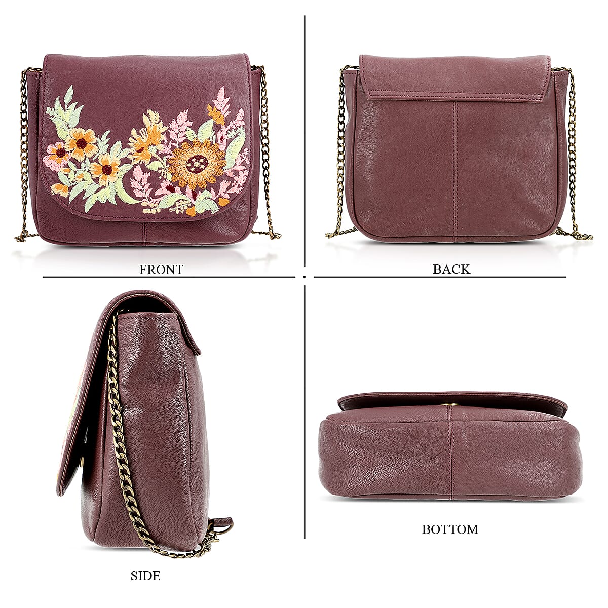 La Marey Burgundy Genuine Leather Sling Bag with Floral Embroidered Flap image number 4