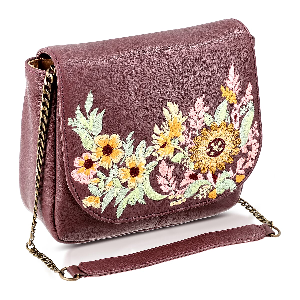 La Marey Burgundy Genuine Leather Sling Bag with Floral Embroidered Flap image number 7