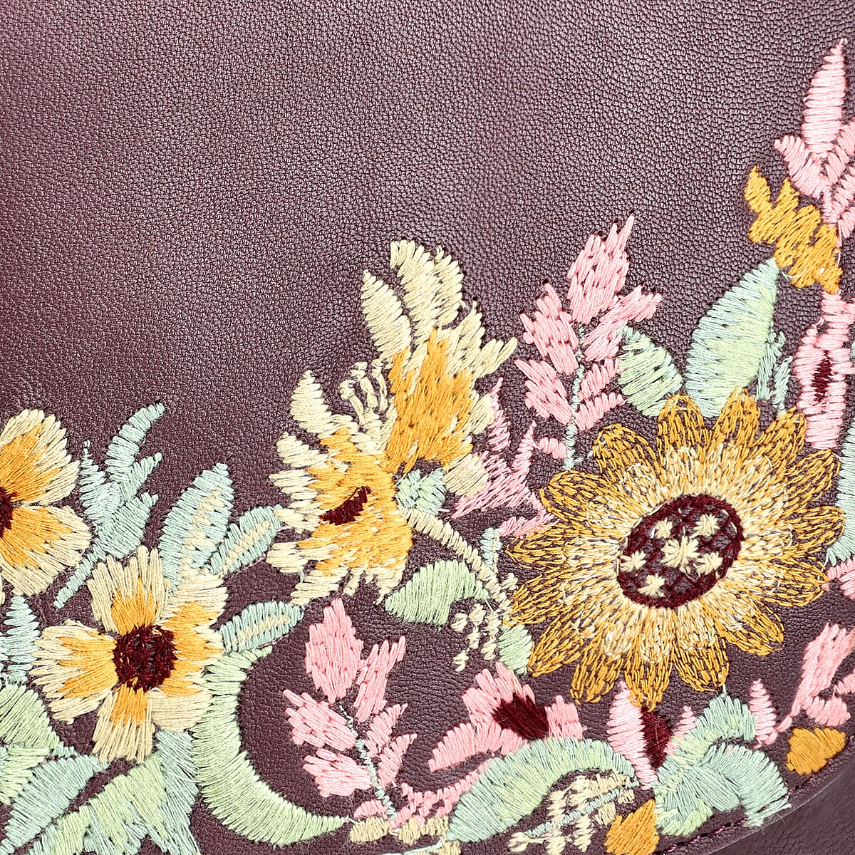 La Marey Burgundy Genuine Leather Sling Bag with Floral Embroidered Flap image number 8