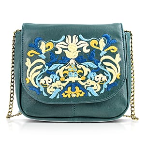 La Marey Green Genuine Leather Sling Bag with Floral Embroidered Flap
