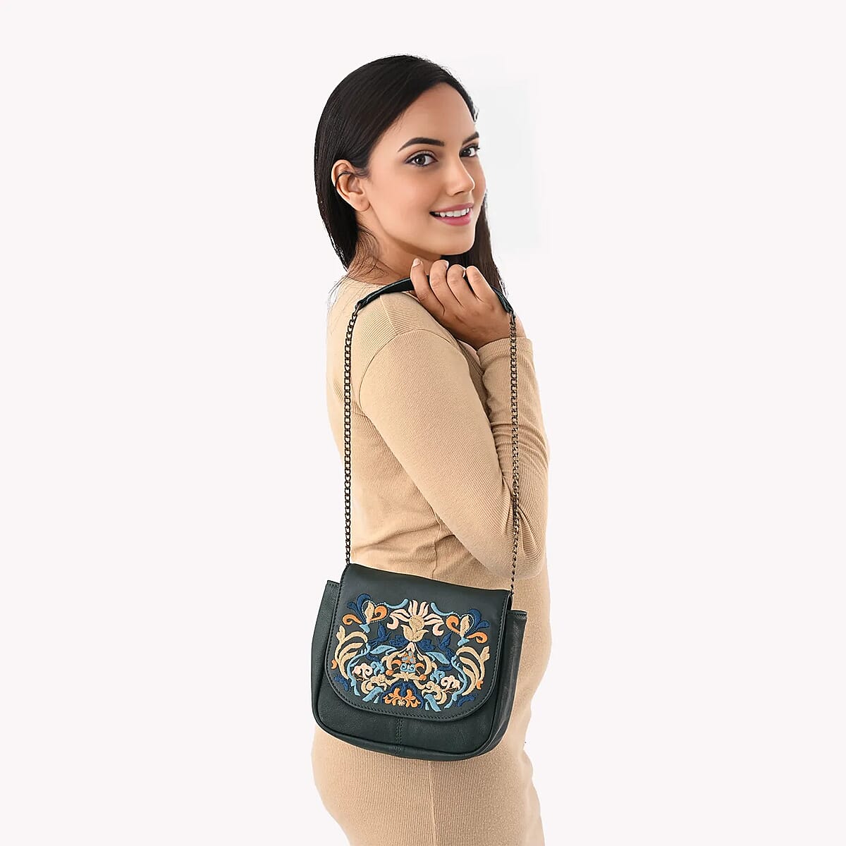 La Marey Green Genuine Leather Sling Bag with Floral Embroidered Flap image number 3