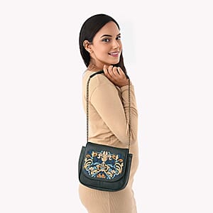 La Marey Green Genuine Leather Sling Bag with Floral Embroidered Flap