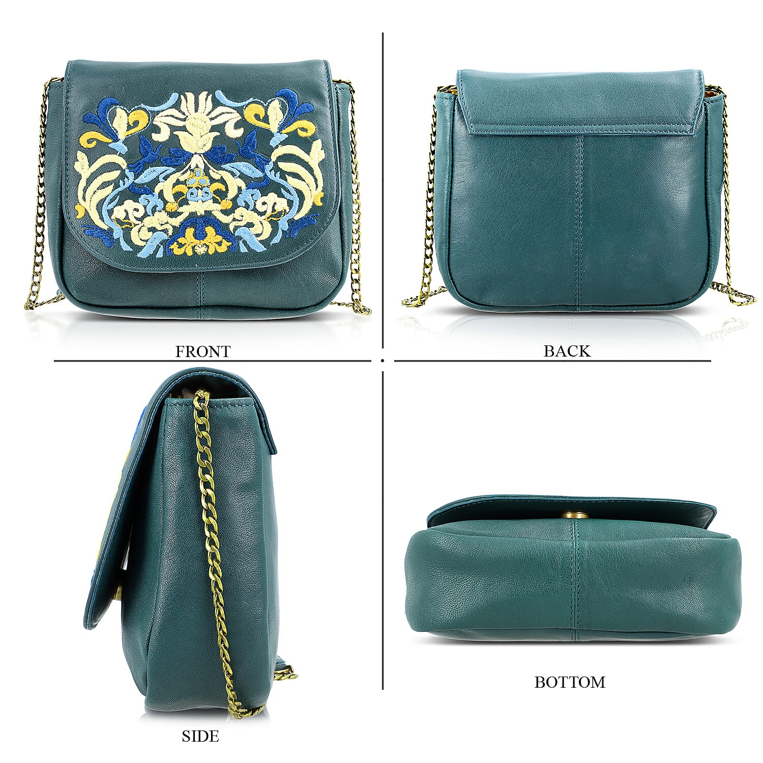 La Marey Green Genuine Leather Sling Bag with Floral Embroidered Flap