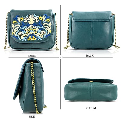 La Marey Green Genuine Leather Sling Bag with Floral Embroidered Flap