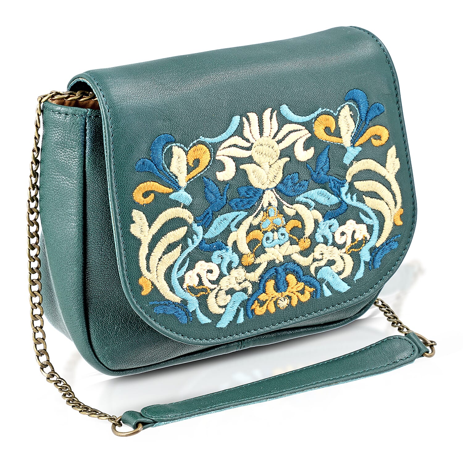 La Marey Green Genuine Leather Sling Bag with Floral Embroidered Flap