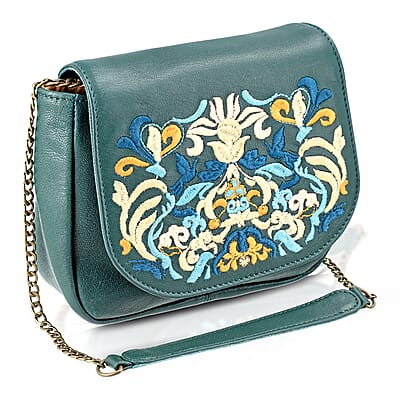 La Marey Green Genuine Leather Sling Bag with Floral Embroidered Flap