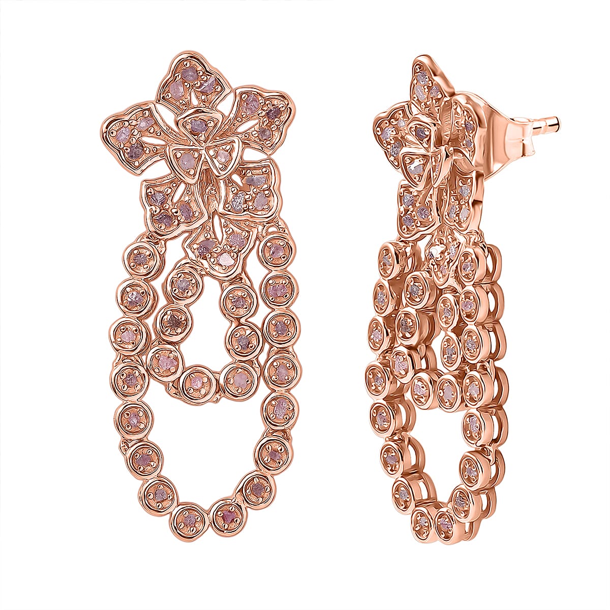 D'Joy Uncut Natural Pink Diamond 1.00 ctw Floral Earrings in 18K Vermeil Rose Gold Over Sterling Silver image number 0