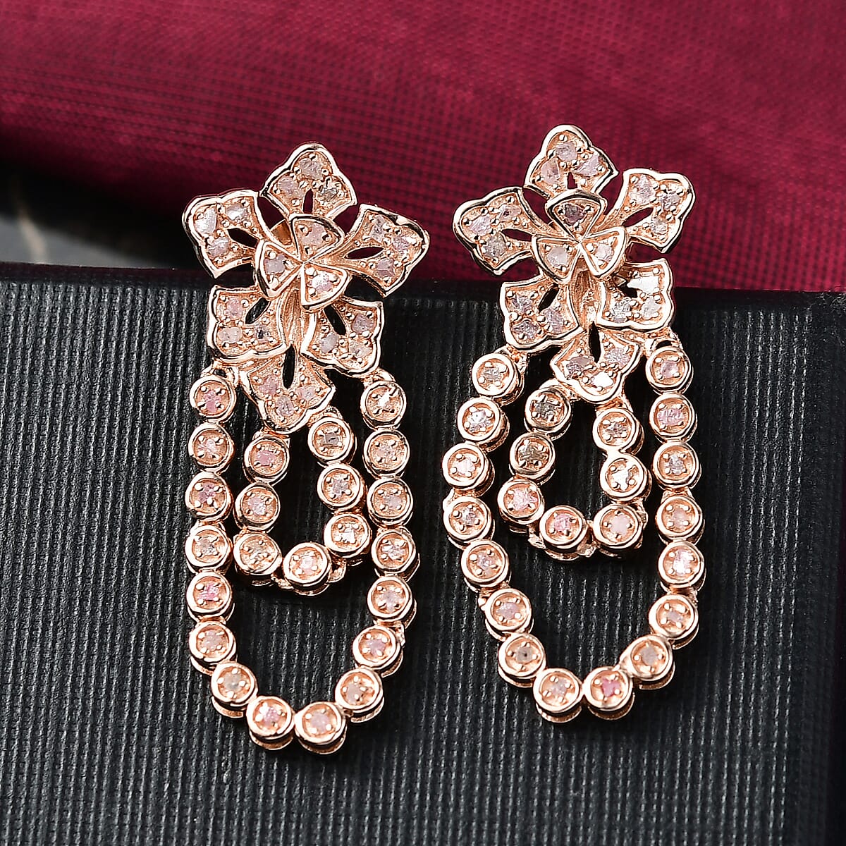 D'Joy Uncut Natural Pink Diamond 1.00 ctw Floral Earrings in 18K Vermeil Rose Gold Over Sterling Silver image number 1