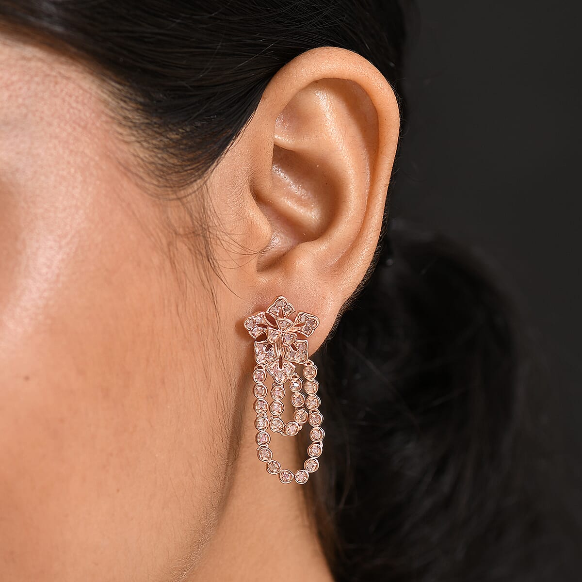 D'Joy Uncut Natural Pink Diamond 1.00 ctw Floral Earrings in 18K Vermeil Rose Gold Over Sterling Silver image number 2