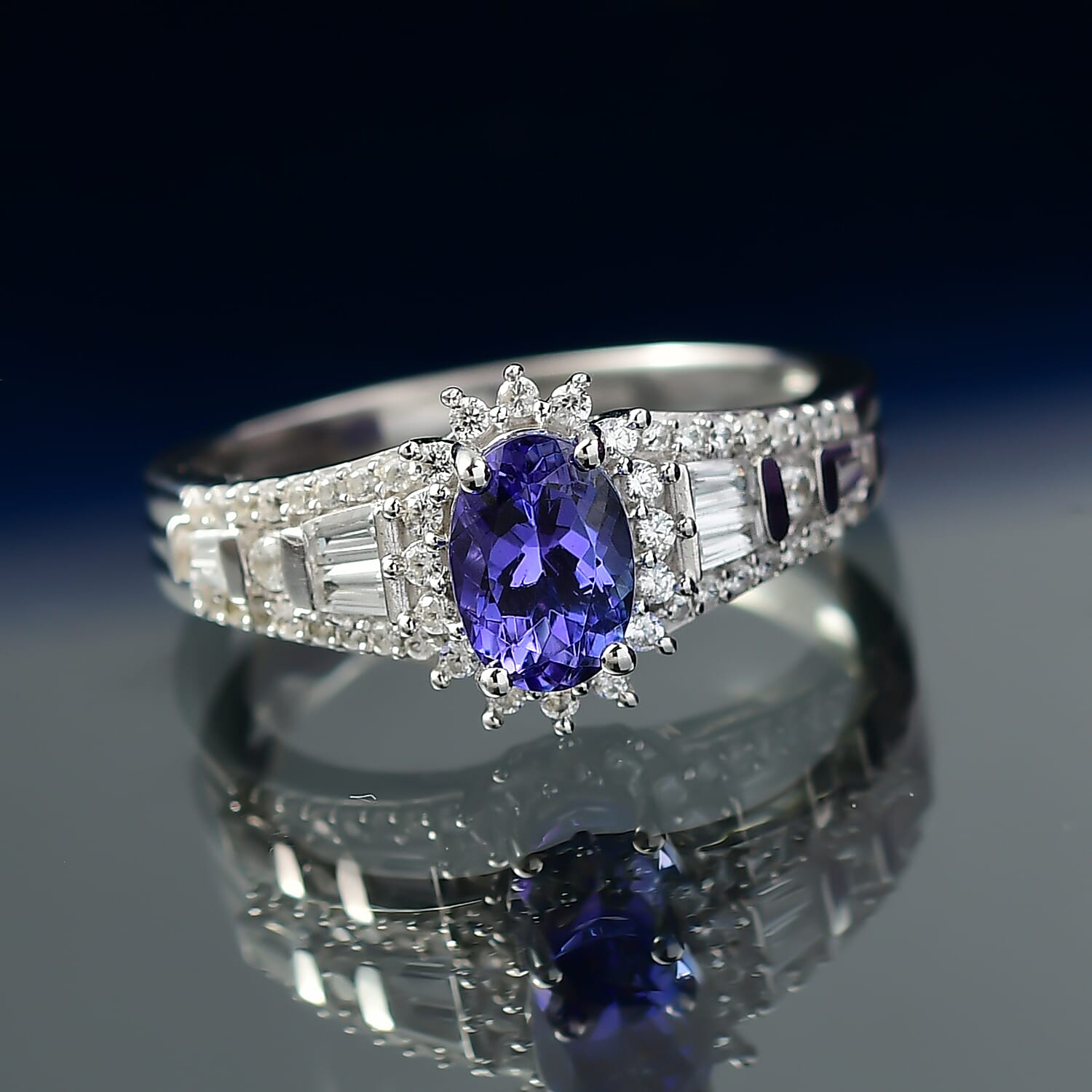 D'Joy AAA Tanzanite and White Zircon 1.50 ctw Starburst Ring in Rhodium Over Sterling Silver (Size 10.0)