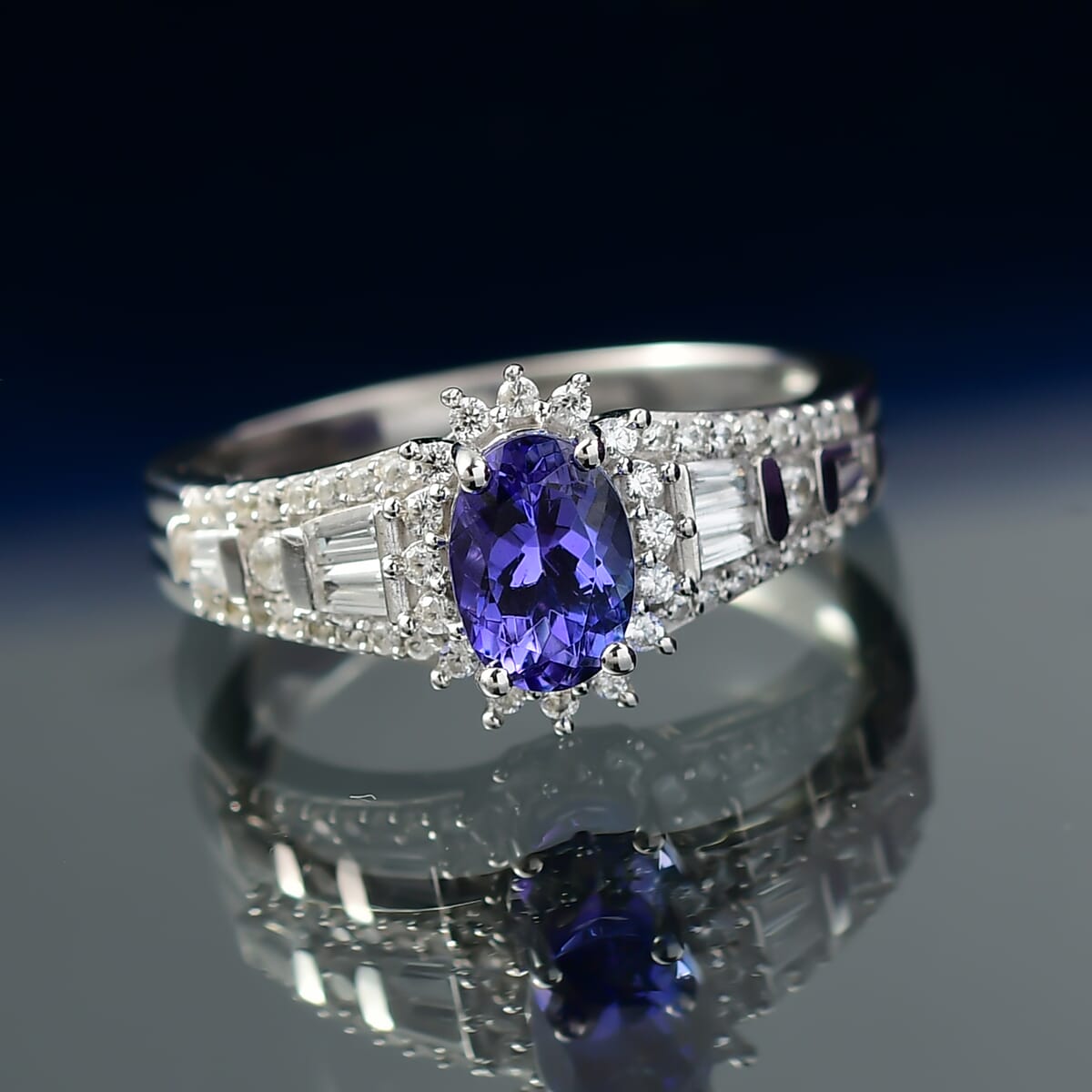 D'Joy AAA Tanzanite and White Zircon 1.50 ctw Starburst Ring in Rhodium Over Sterling Silver (Size 10.0) image number 1