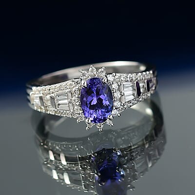 D'Joy AAA Tanzanite and White Zircon 1.50 ctw Starburst Ring in Rhodium Over Sterling Silver (Size 10.0)