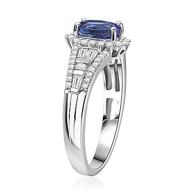 D'Joy AAA Tanzanite and White Zircon 1.50 ctw Starburst Ring in Rhodium Over Sterling Silver (Size 10.0)